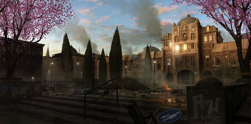 Post-apocalyptic city with cherry blossoms