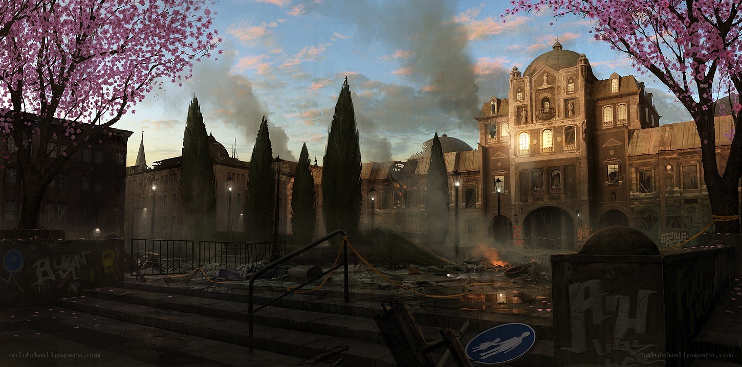 Post-apocalyptic city with cherry blossoms