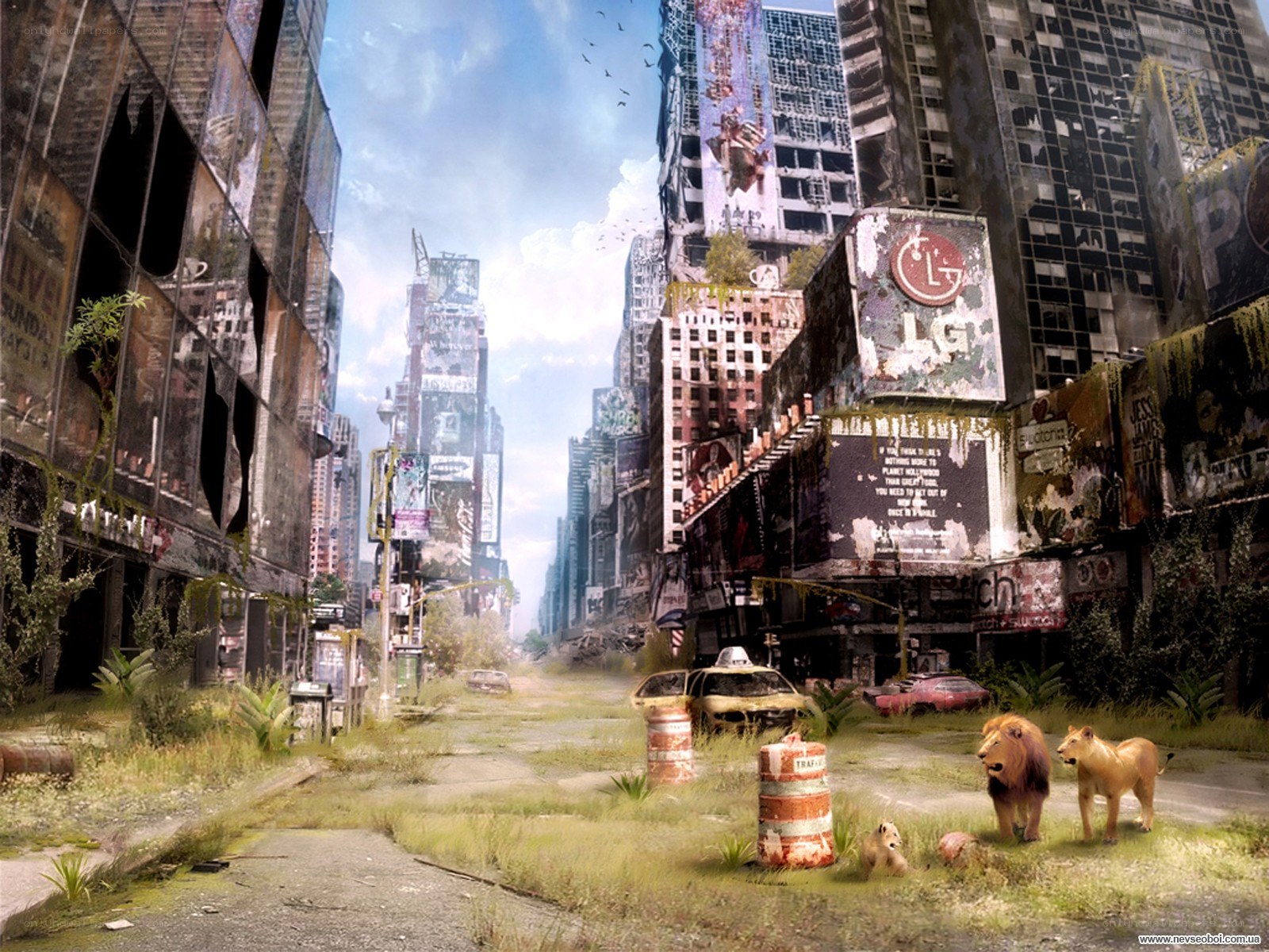 Post-apocalyptic city with lions