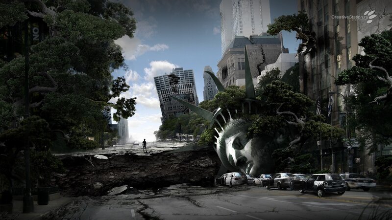 Post-apocalyptic city with Statue of Liberty