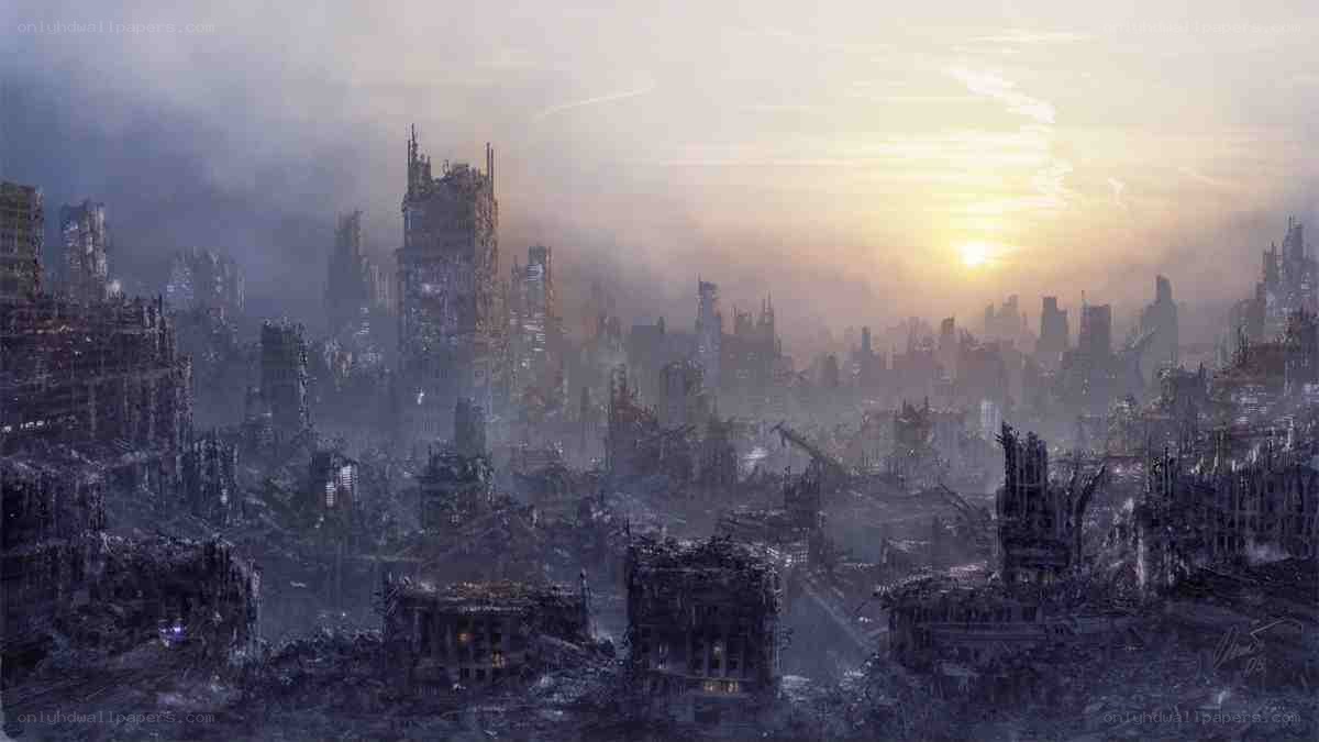 Post-apocalyptic cityscape at dawn