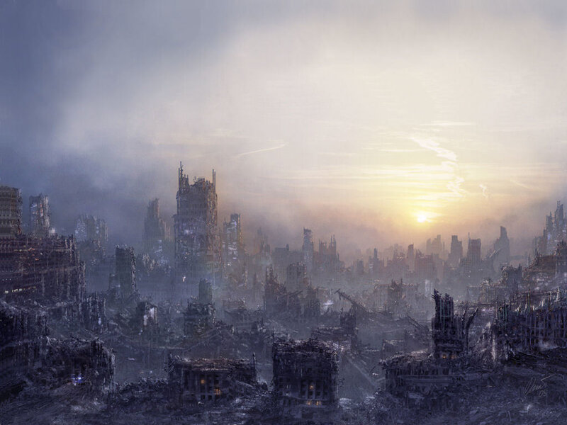 Post-apocalyptic cityscape at dawn