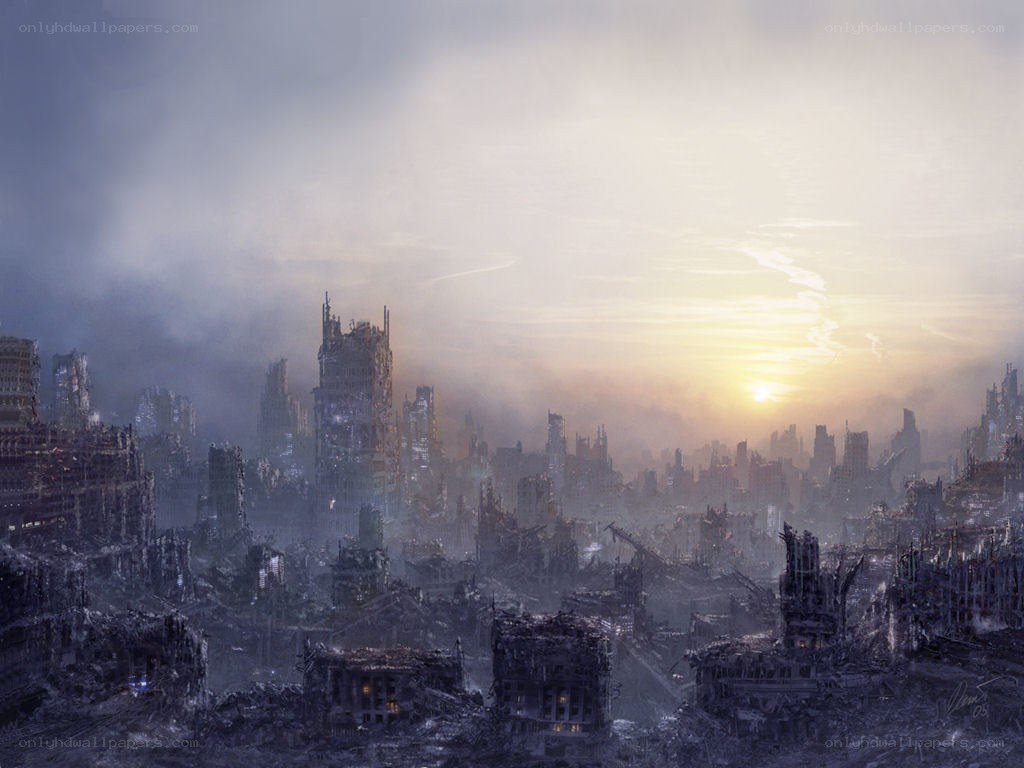 Post-apocalyptic cityscape at dawn