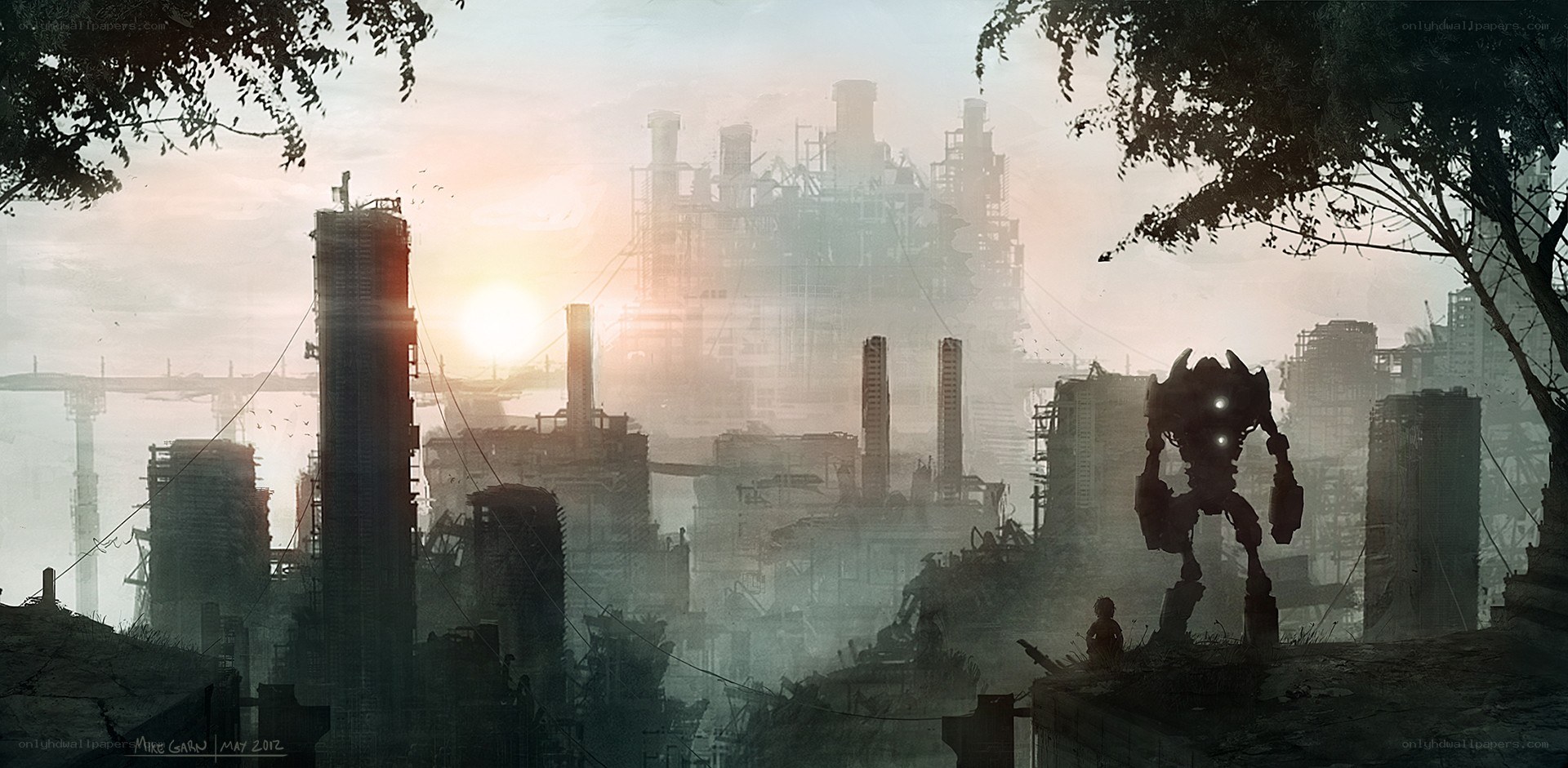 Post-apocalyptic cityscape at dawn