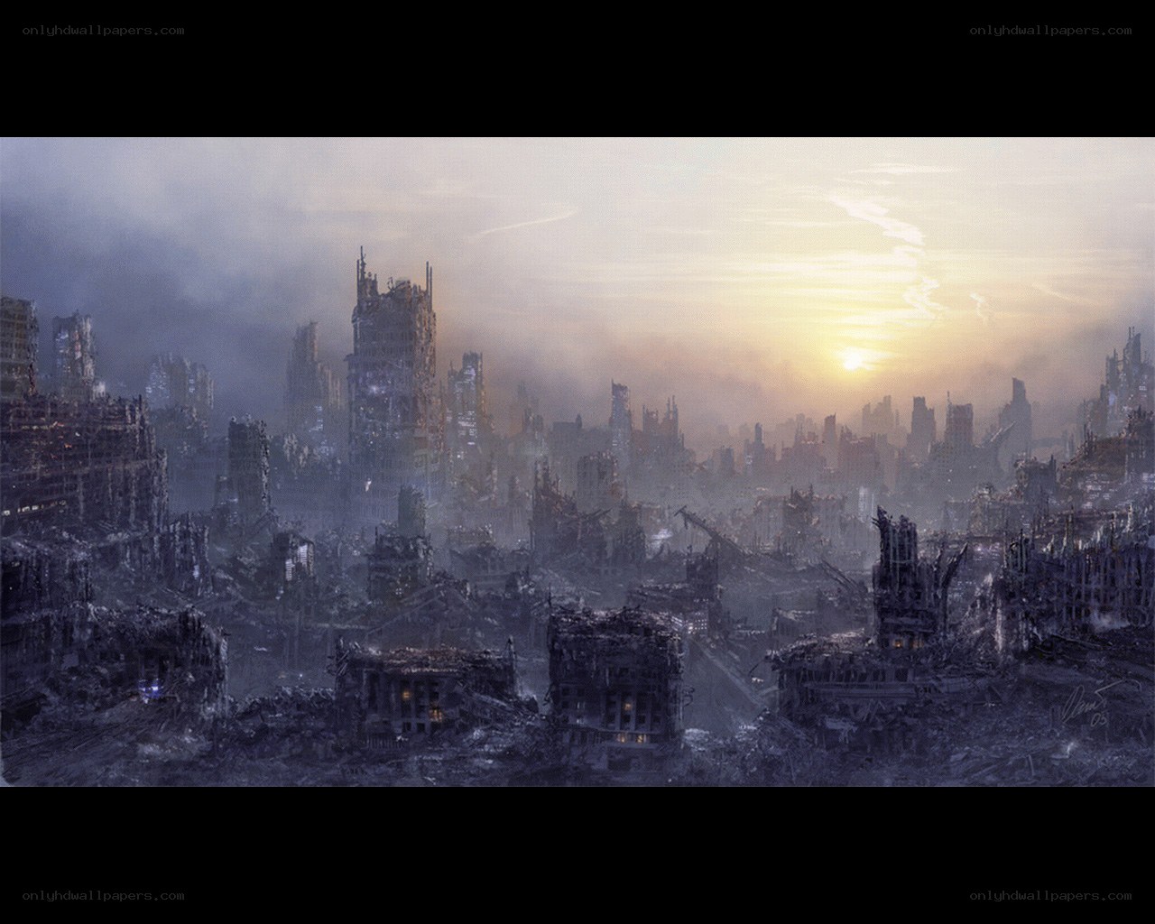 Post-apocalyptic cityscape at dawn