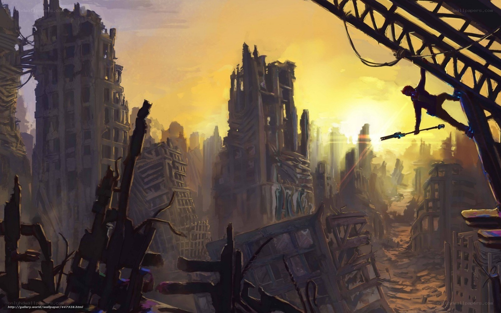 Post-apocalyptic cityscape at sunset