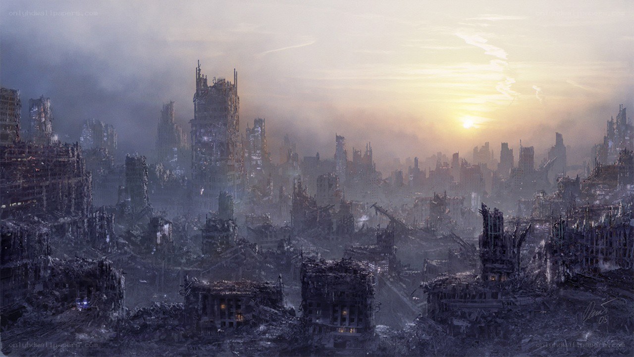 Post-apocalyptic cityscape at sunset