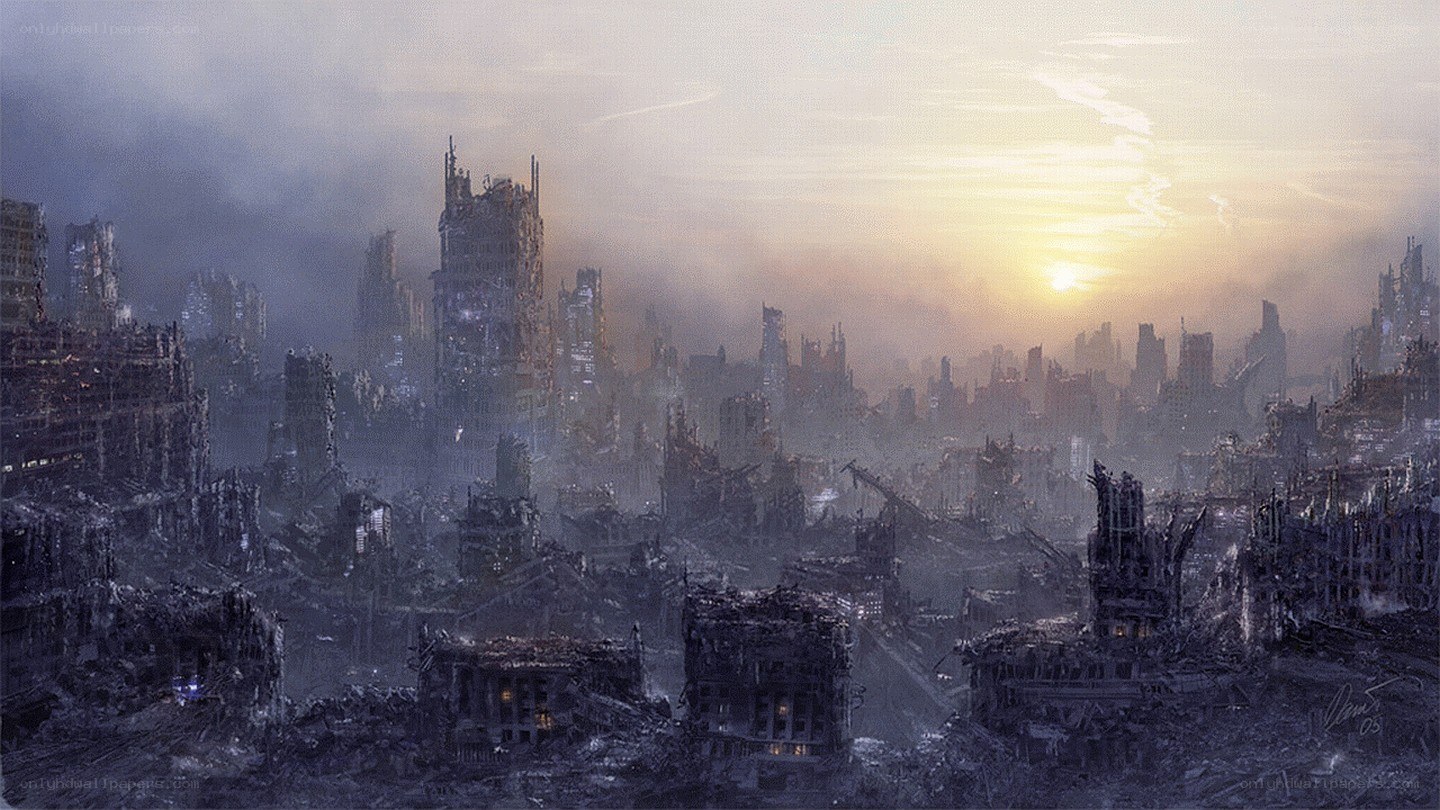 post-apocalyptic cityscape at sunset