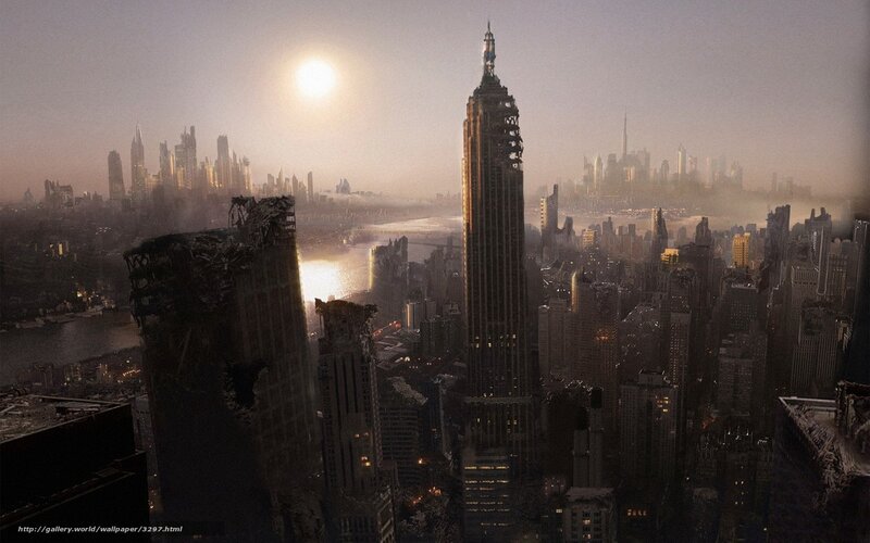 Post-apocalyptic cityscape at sunset