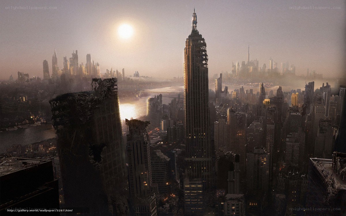 Post-apocalyptic cityscape at sunset