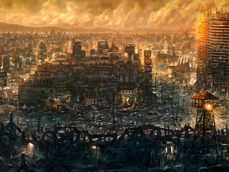 Post-apocalyptic Cityscape — Orange, Dramatic, Sunset, Digital Art, Ruins