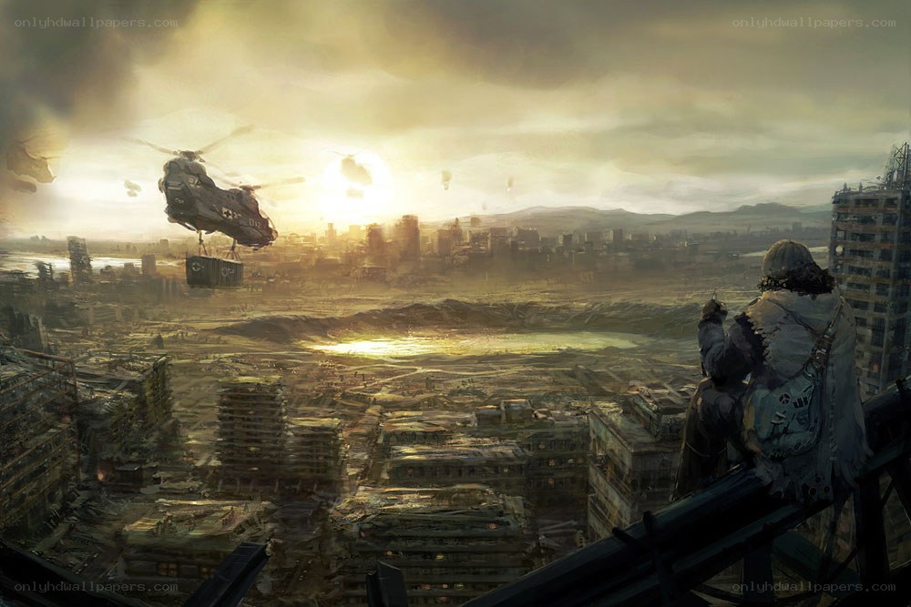 Post-apocalyptic cityscape view