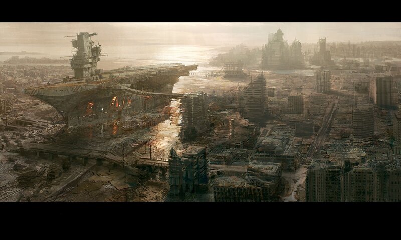Post-apocalyptic cityscape with aircraft carrier
