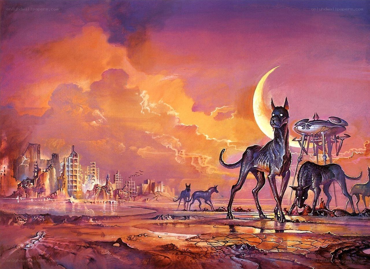 Post-apocalyptic cityscape with alien dogs