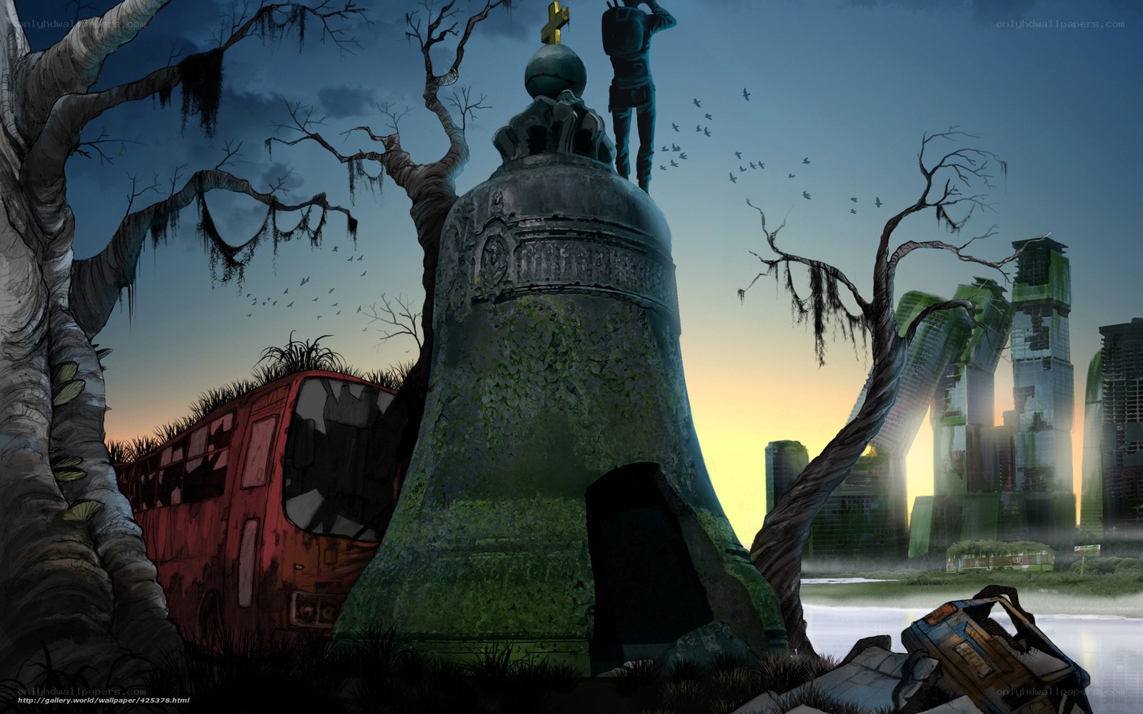 Post-apocalyptic cityscape with bell