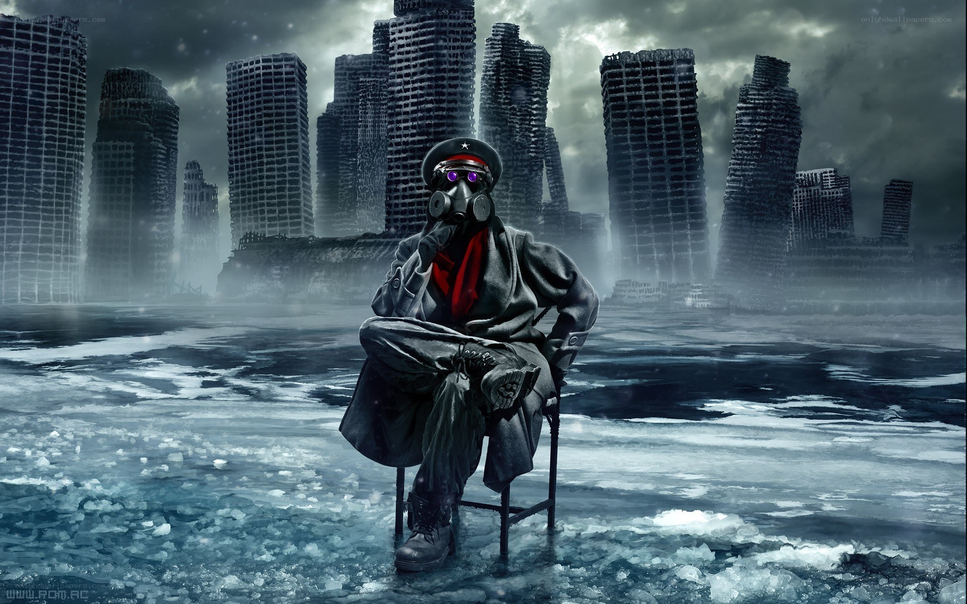 Post-apocalyptic cityscape with figure