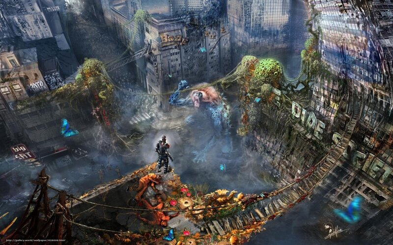 Post-apocalyptic cityscape with giant creature