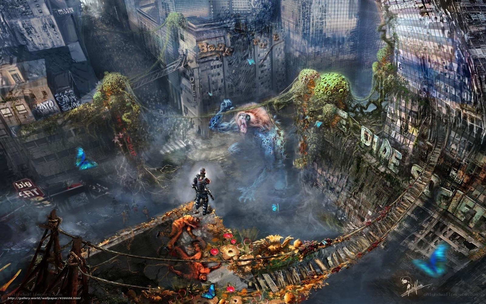 Post-apocalyptic cityscape with giant creature