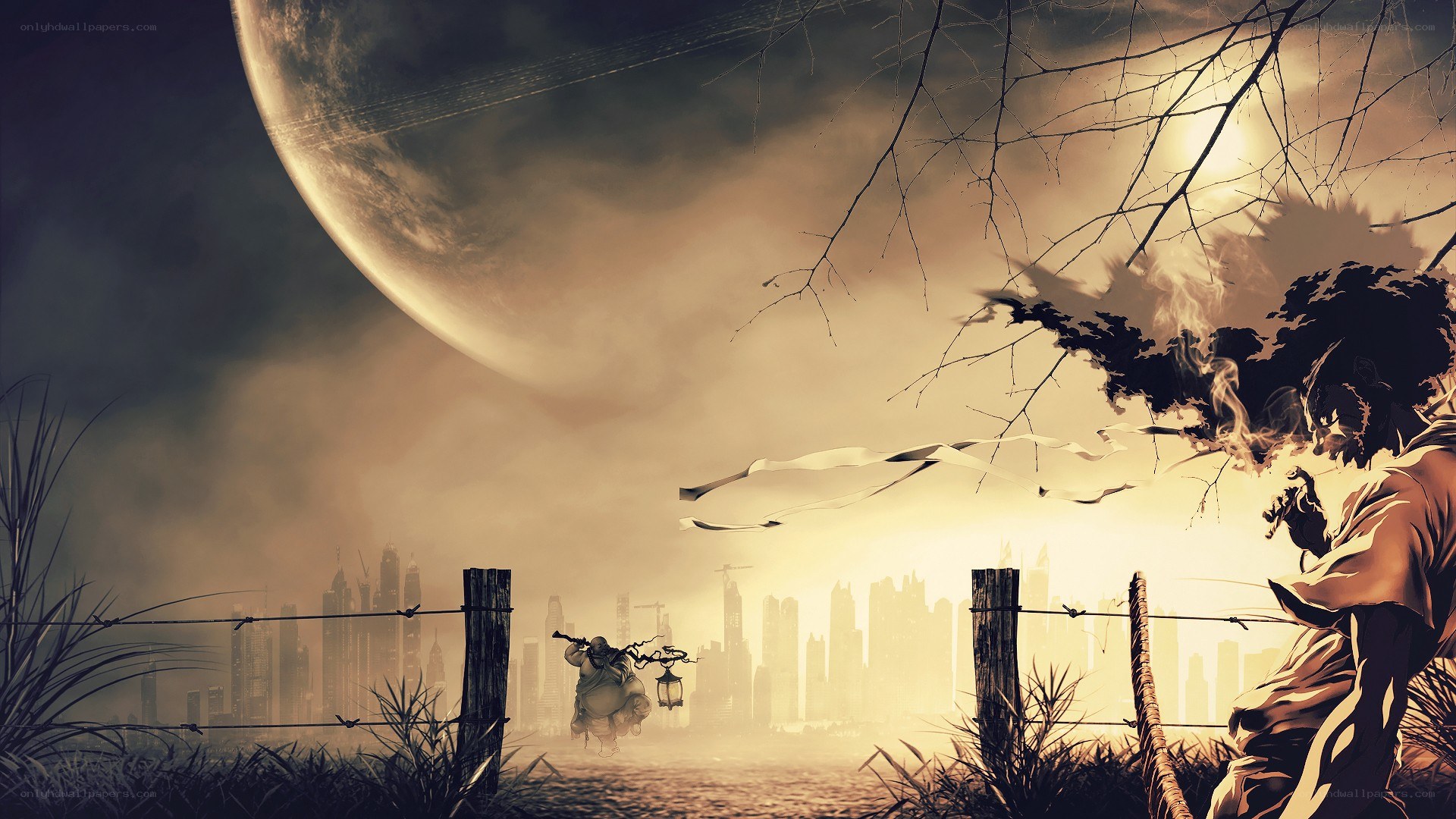 Post-apocalyptic cityscape with giant moon