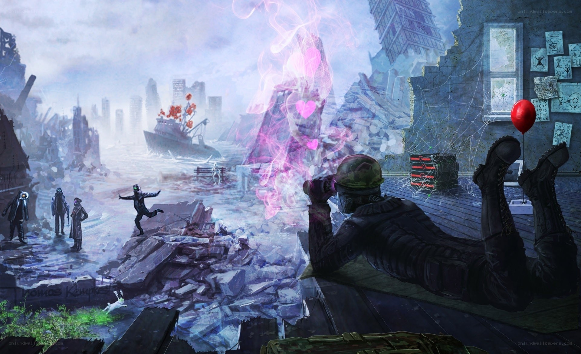 Post-apocalyptic cityscape with soldiers