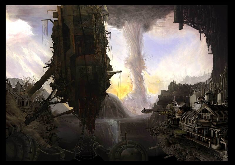 Post-apocalyptic cityscape with storm
