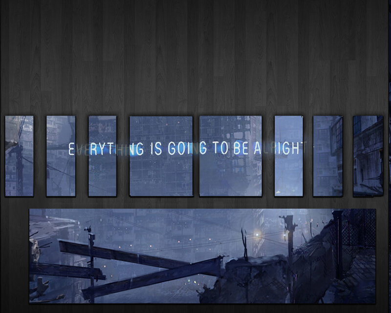 post-apocalyptic cityscape with text