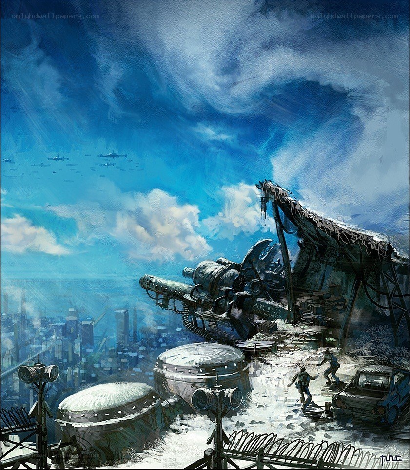 Post-apocalyptic cityscape with war machines