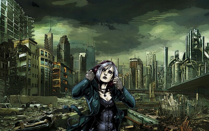 post-apocalyptic cityscape with woman