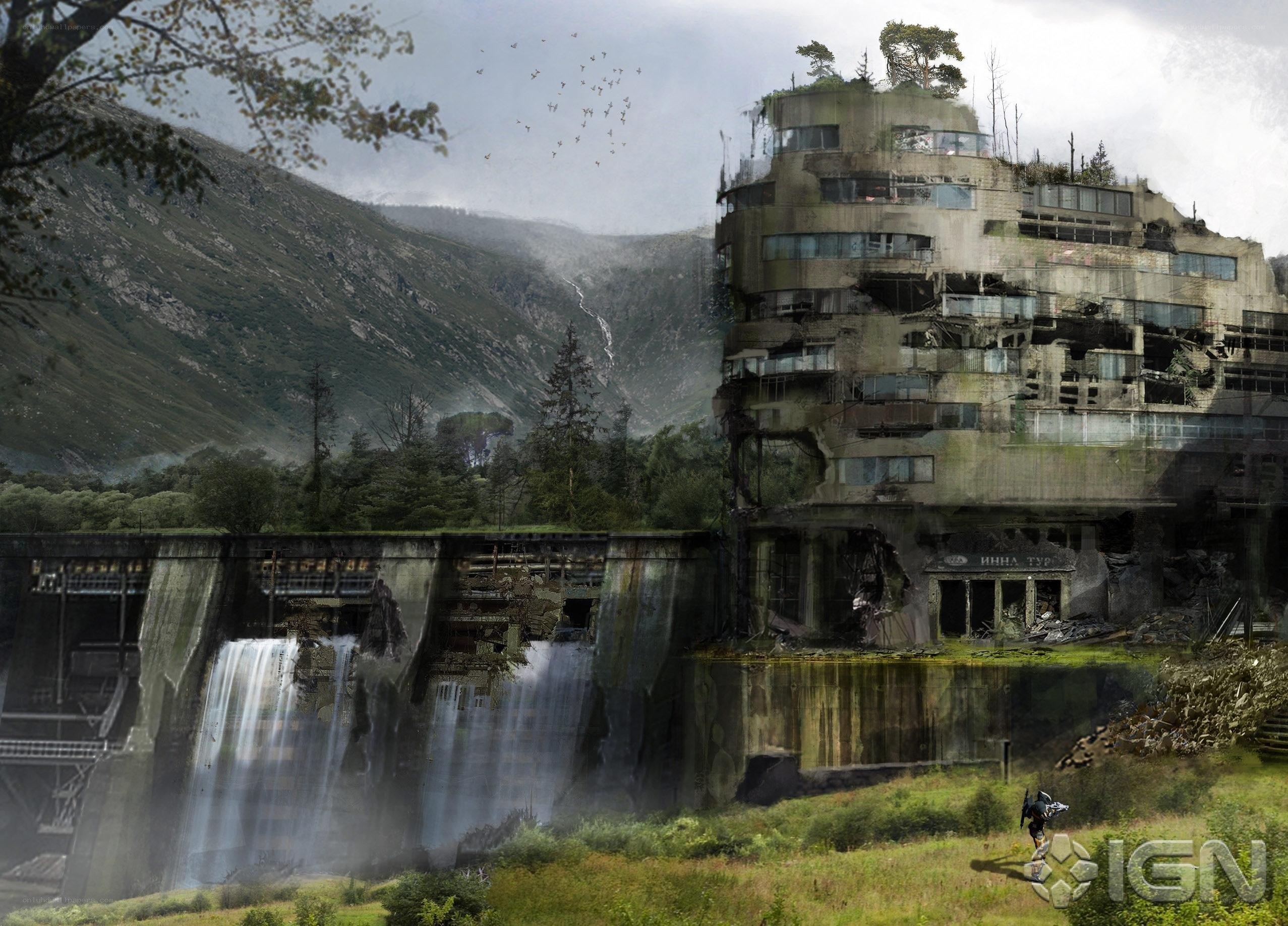 Post-apocalyptic dam and building