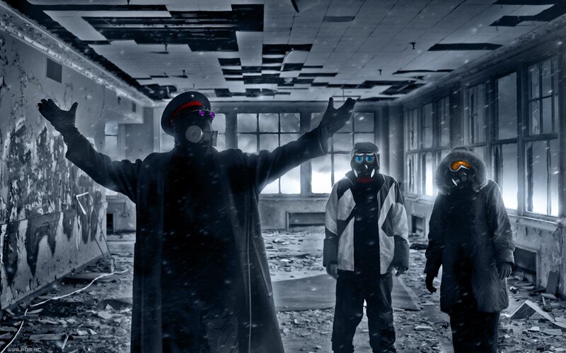 Post-apocalyptic figures in ruined building