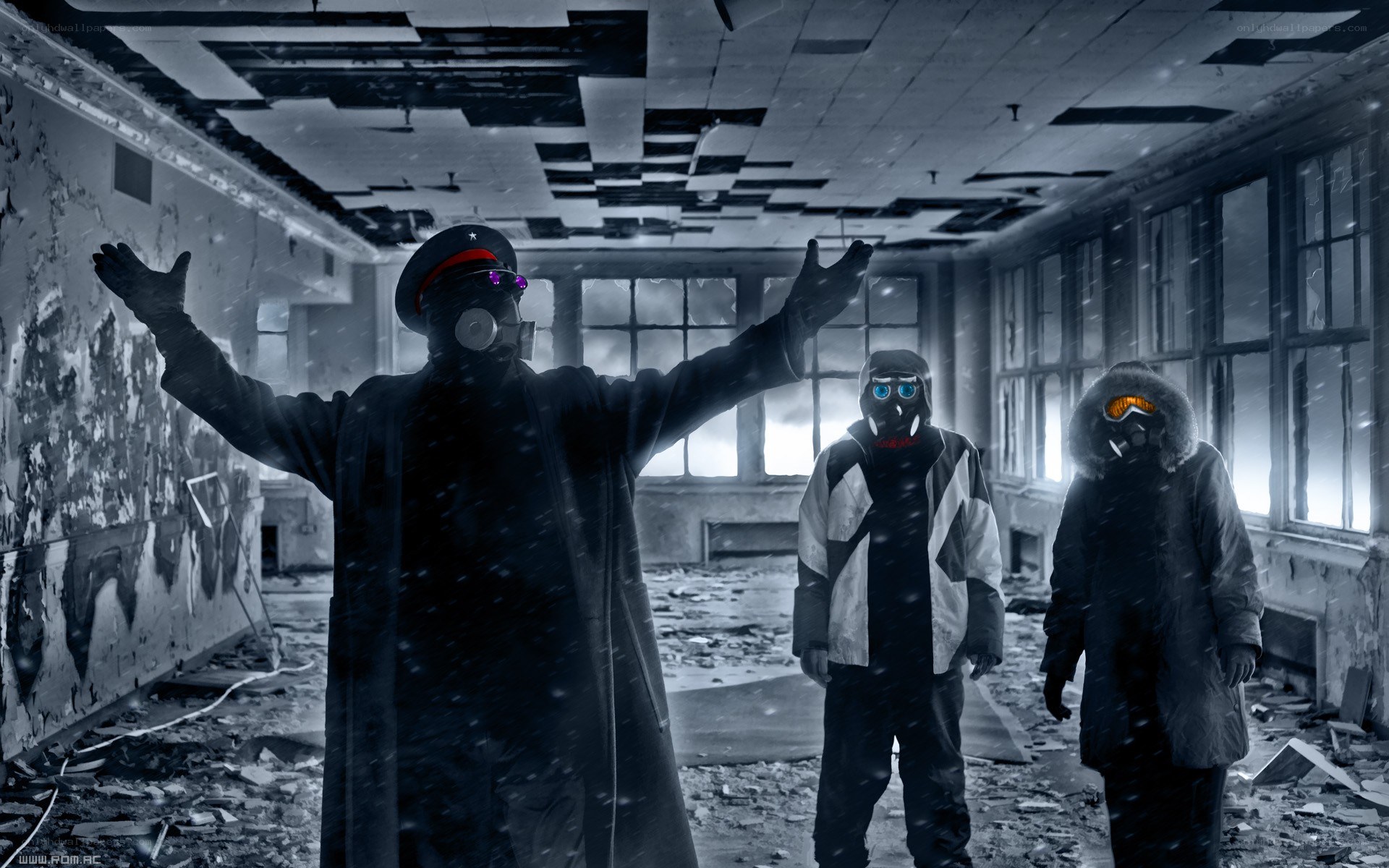 Post-apocalyptic figures in ruined building