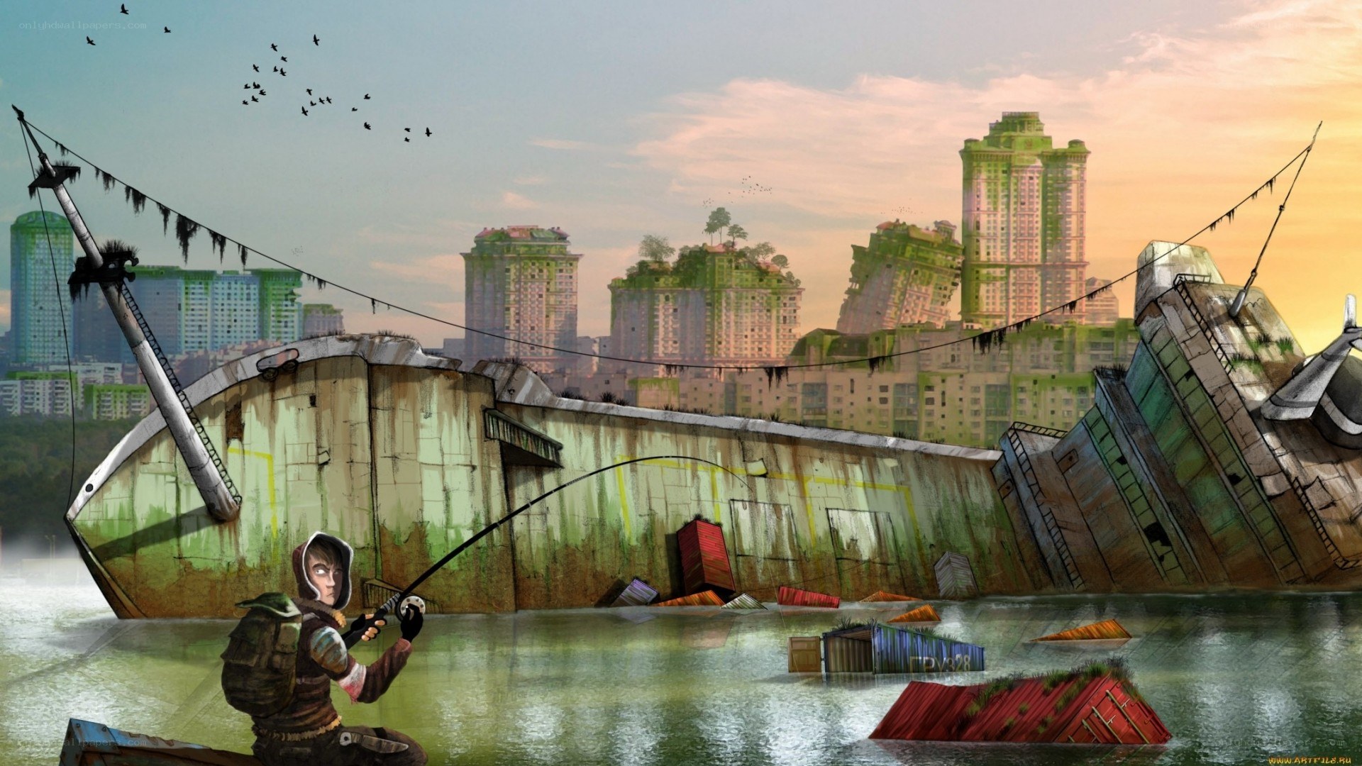 Post-apocalyptic fishing scene