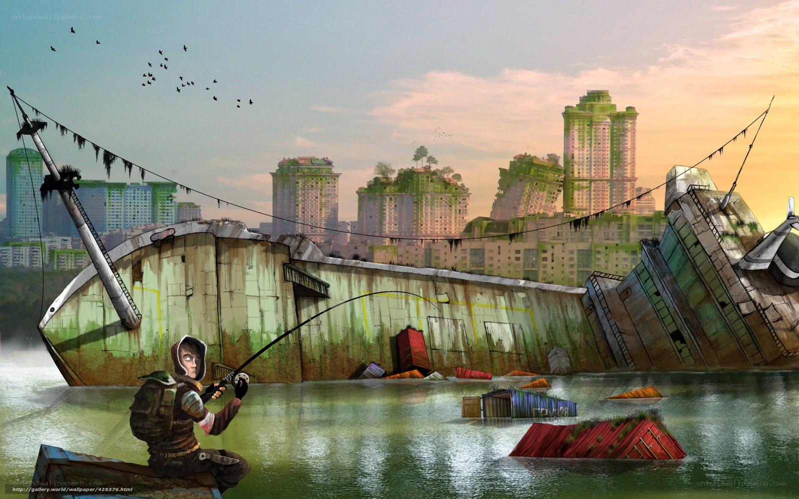 Post-apocalyptic fishing scene