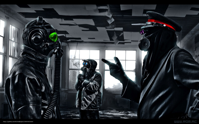 Post-apocalyptic gas mask meeting