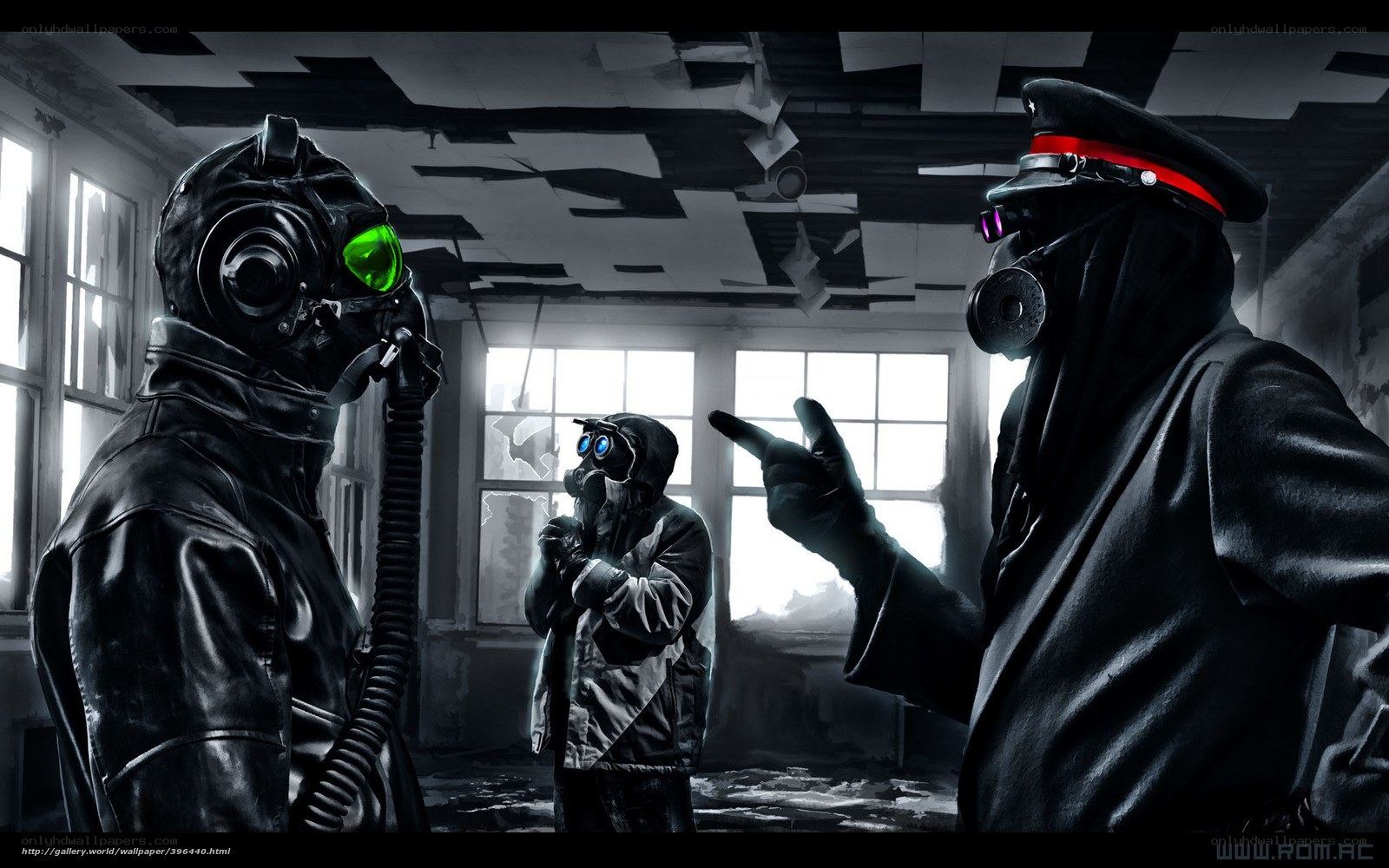 Post-apocalyptic gas mask meeting