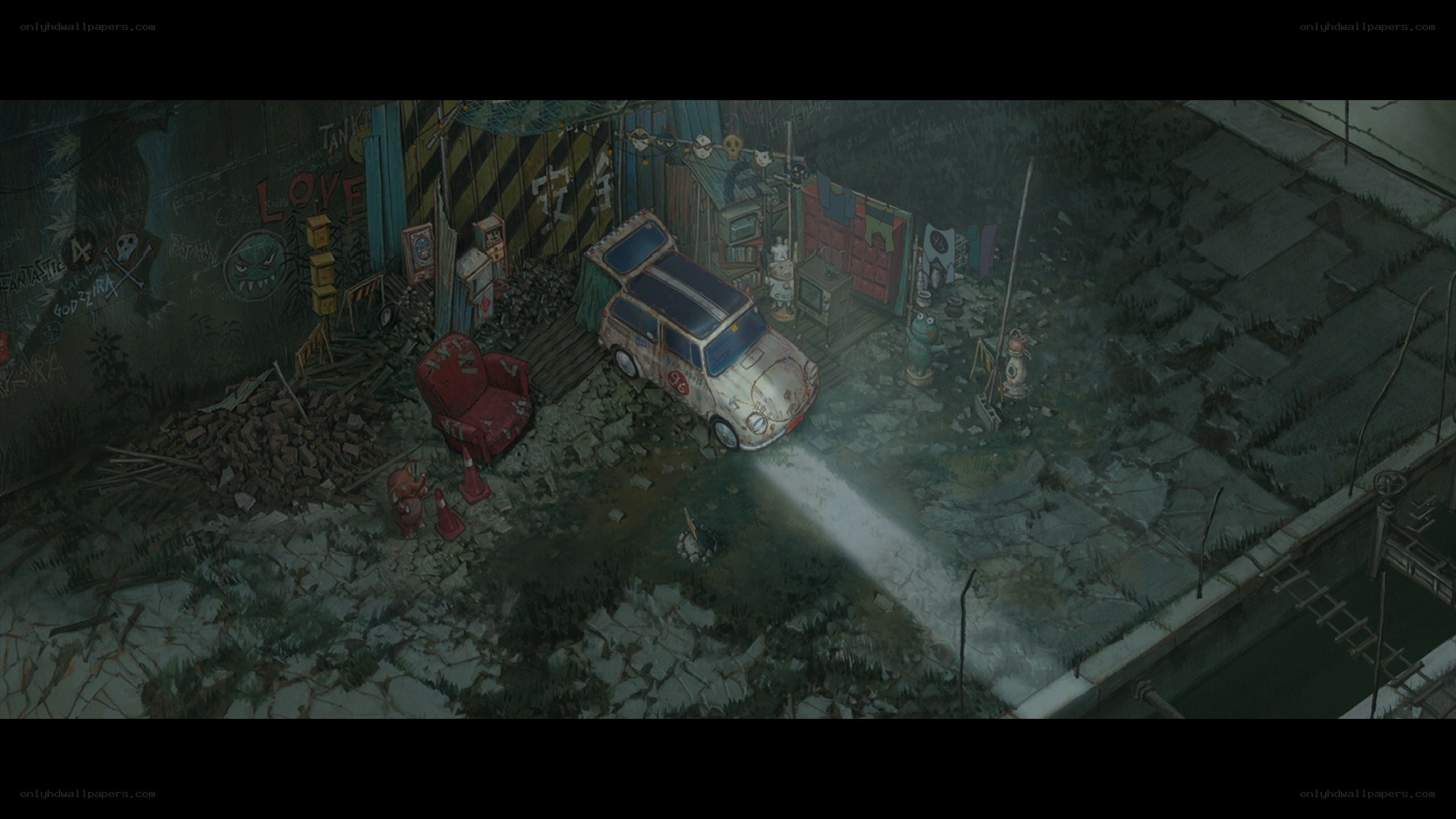 post-apocalyptic junkyard scene