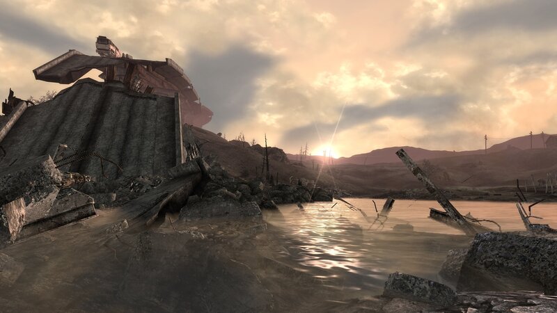 Post-apocalyptic landscape at sunset