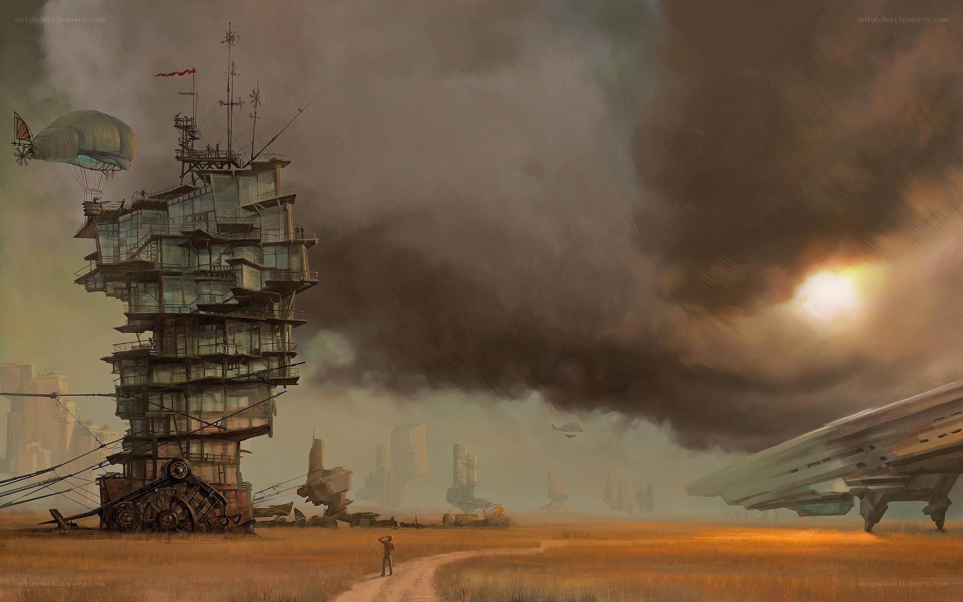 Post-apocalyptic landscape with airship
