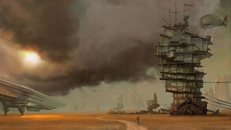 Post-apocalyptic landscape with airship