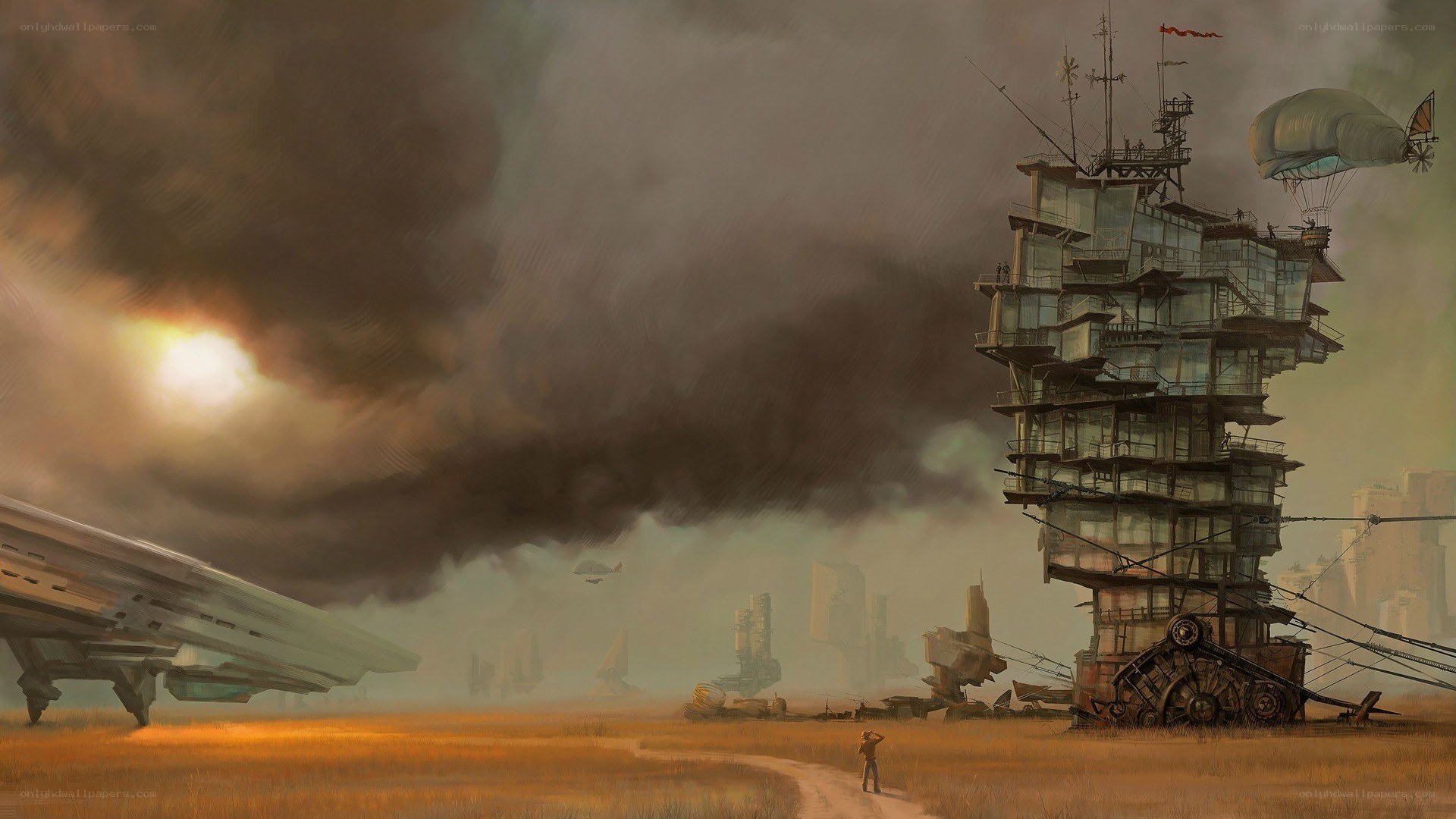 Post-apocalyptic landscape with airship