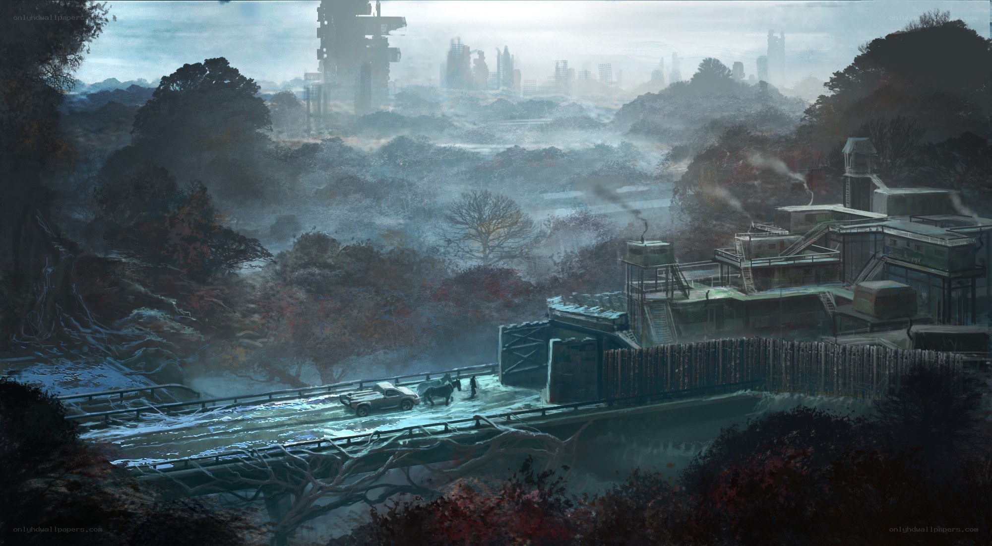 Post-apocalyptic landscape with bridge