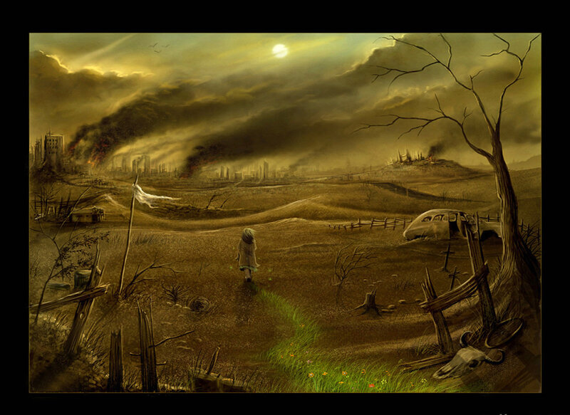 Post-apocalyptic landscape with child