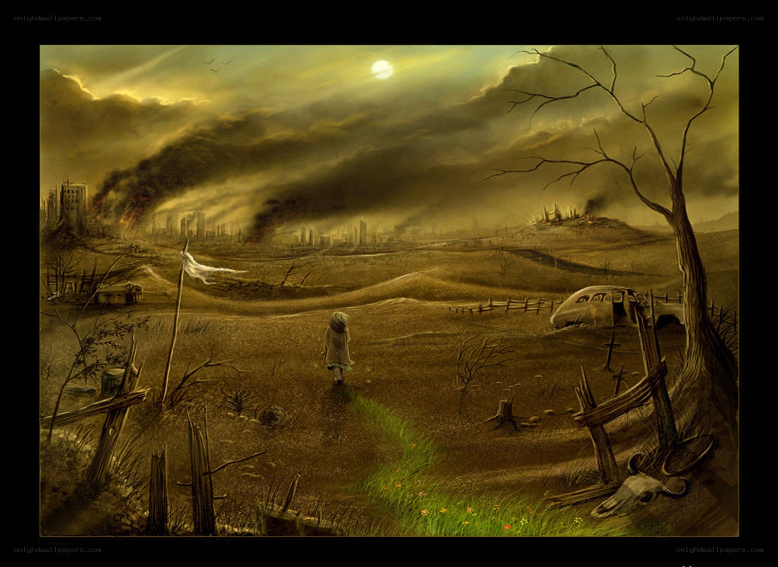 Post-apocalyptic landscape with child