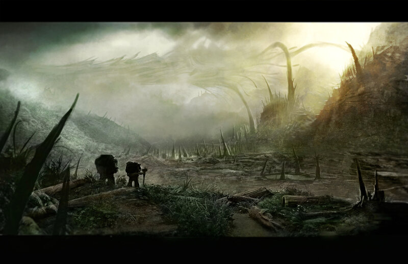 Post-apocalyptic landscape with explorers