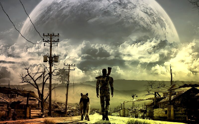 post-apocalyptic landscape with giant moon