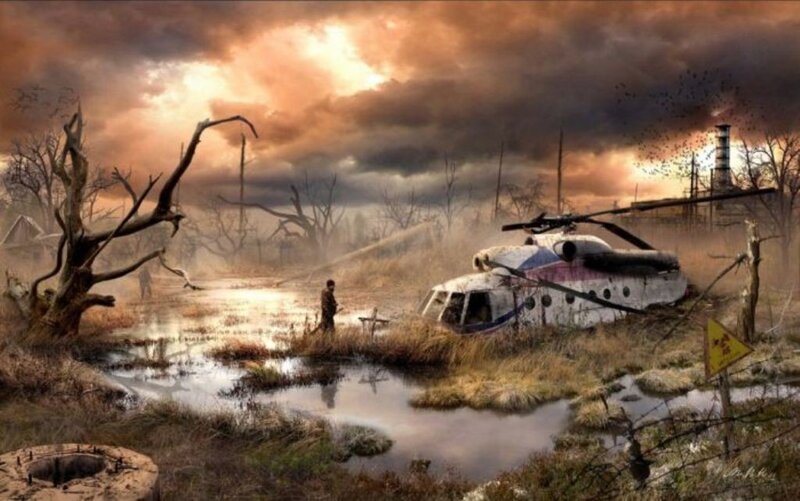 Post-apocalyptic landscape with helicopter