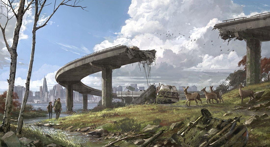 Post-apocalyptic landscape with ruins