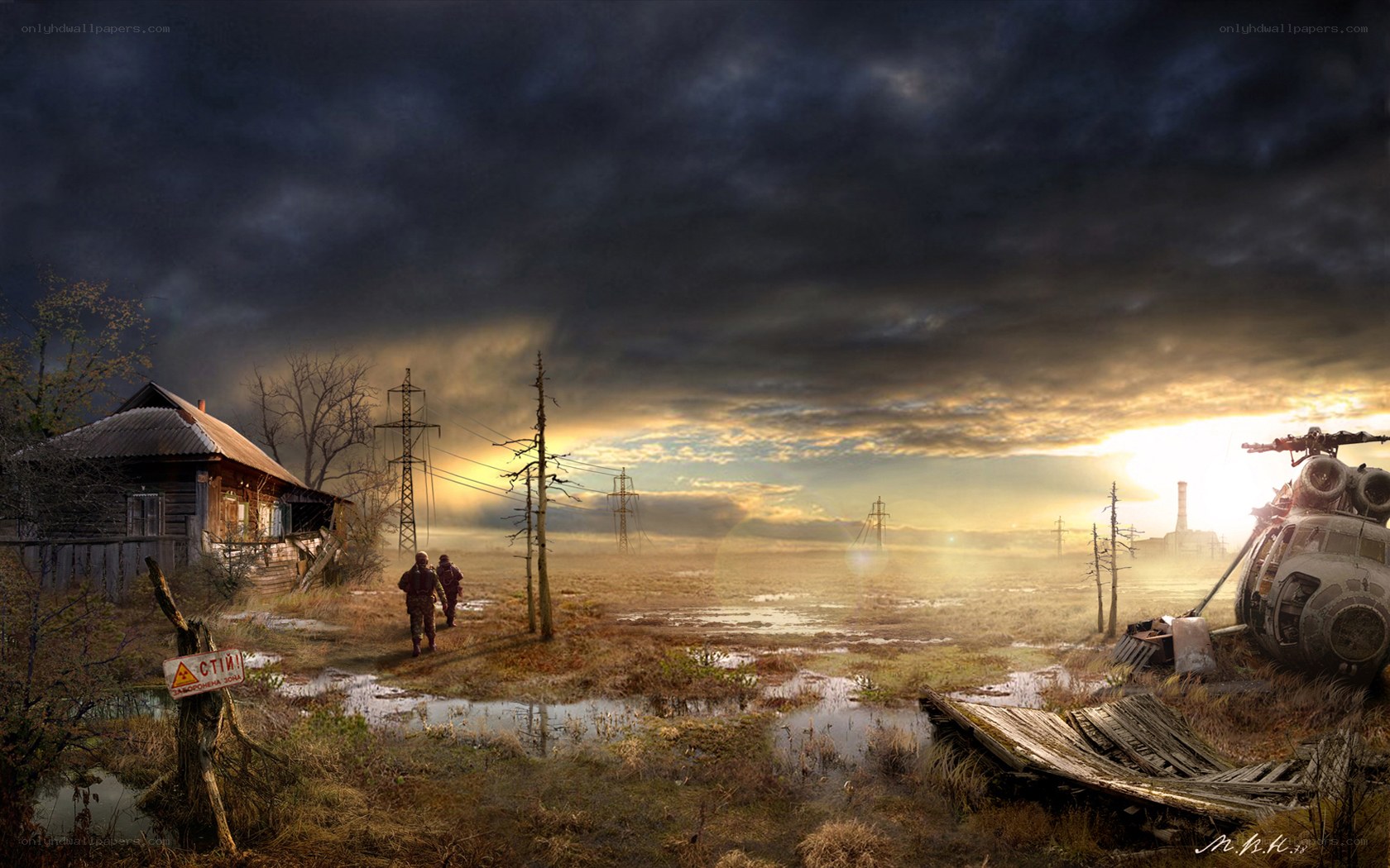 Post-apocalyptic landscape with soldiers
