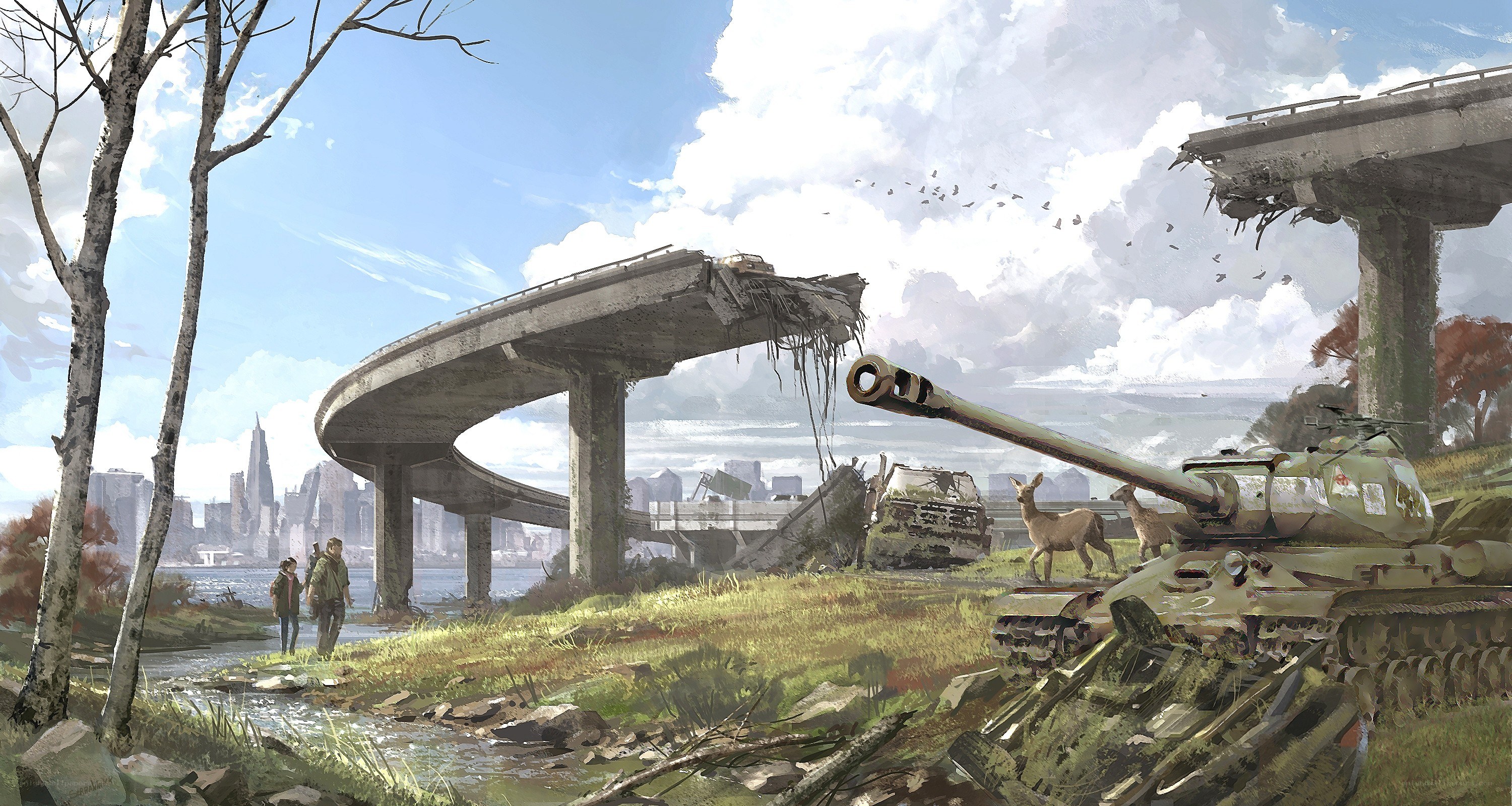 Post-apocalyptic landscape with tank
