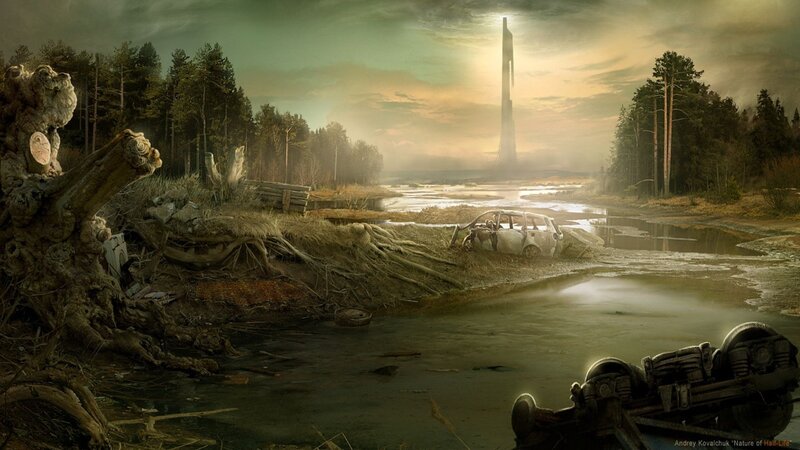 Post-apocalyptic landscape with tower